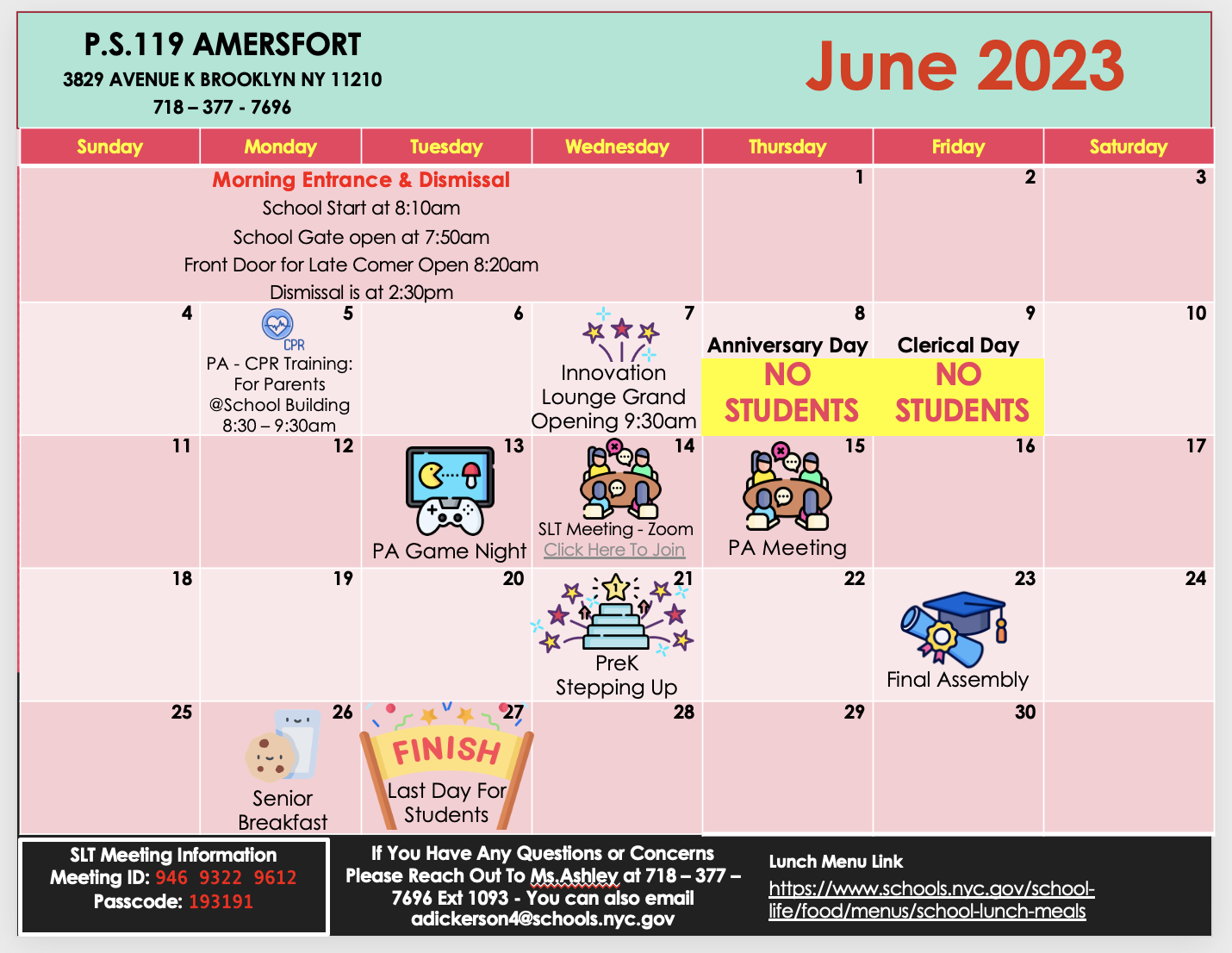 P.S.119 June 2023 School Calendar